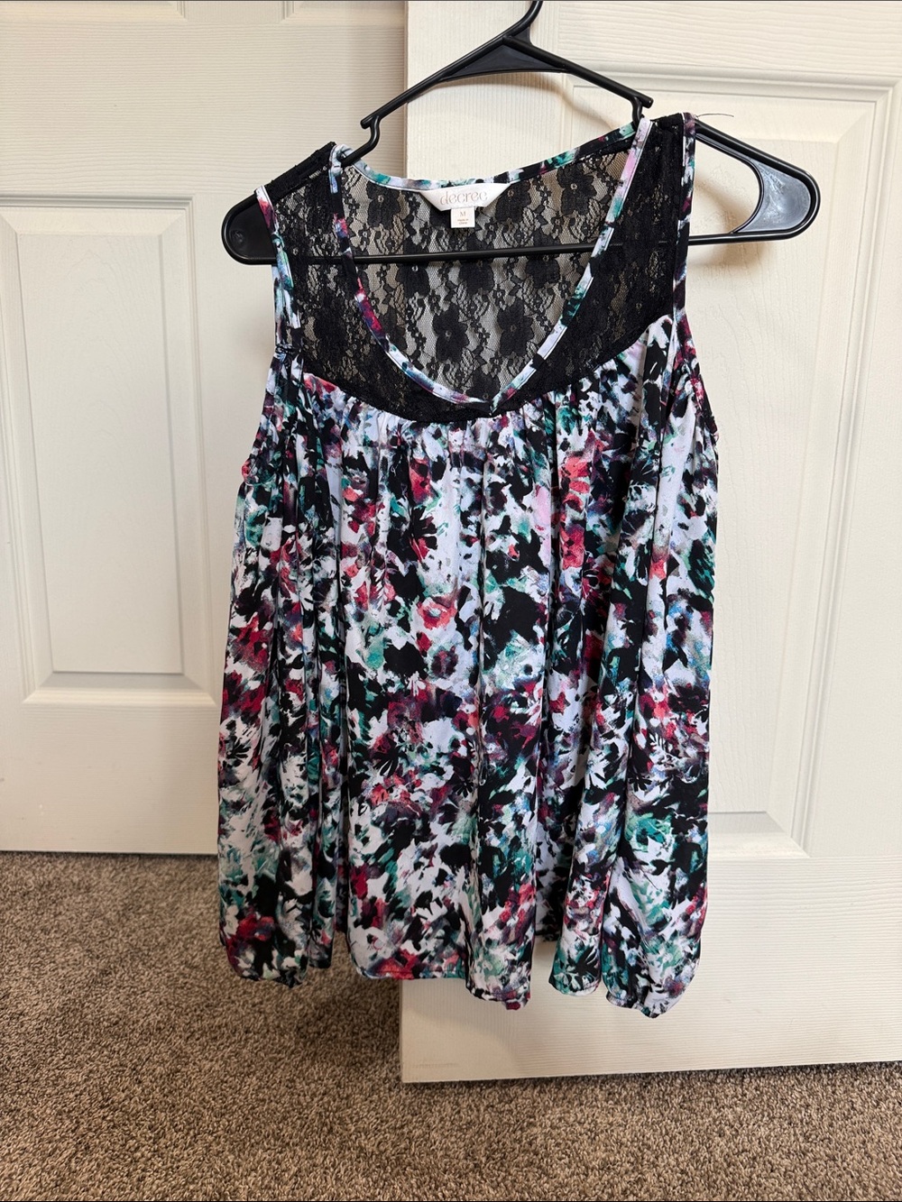 Decree Black Floral Lace Yoke Tank with Pink & Teal Accents